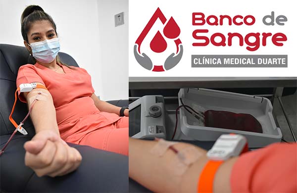 Persona donando sangre, Bolsa de sangre y logo institucional banco de sangre